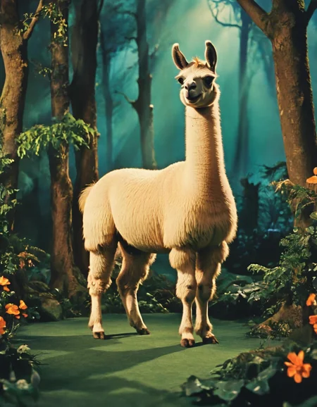novuschroma style llama in an enchanted forest <lora:111_novuschroma_1:1>