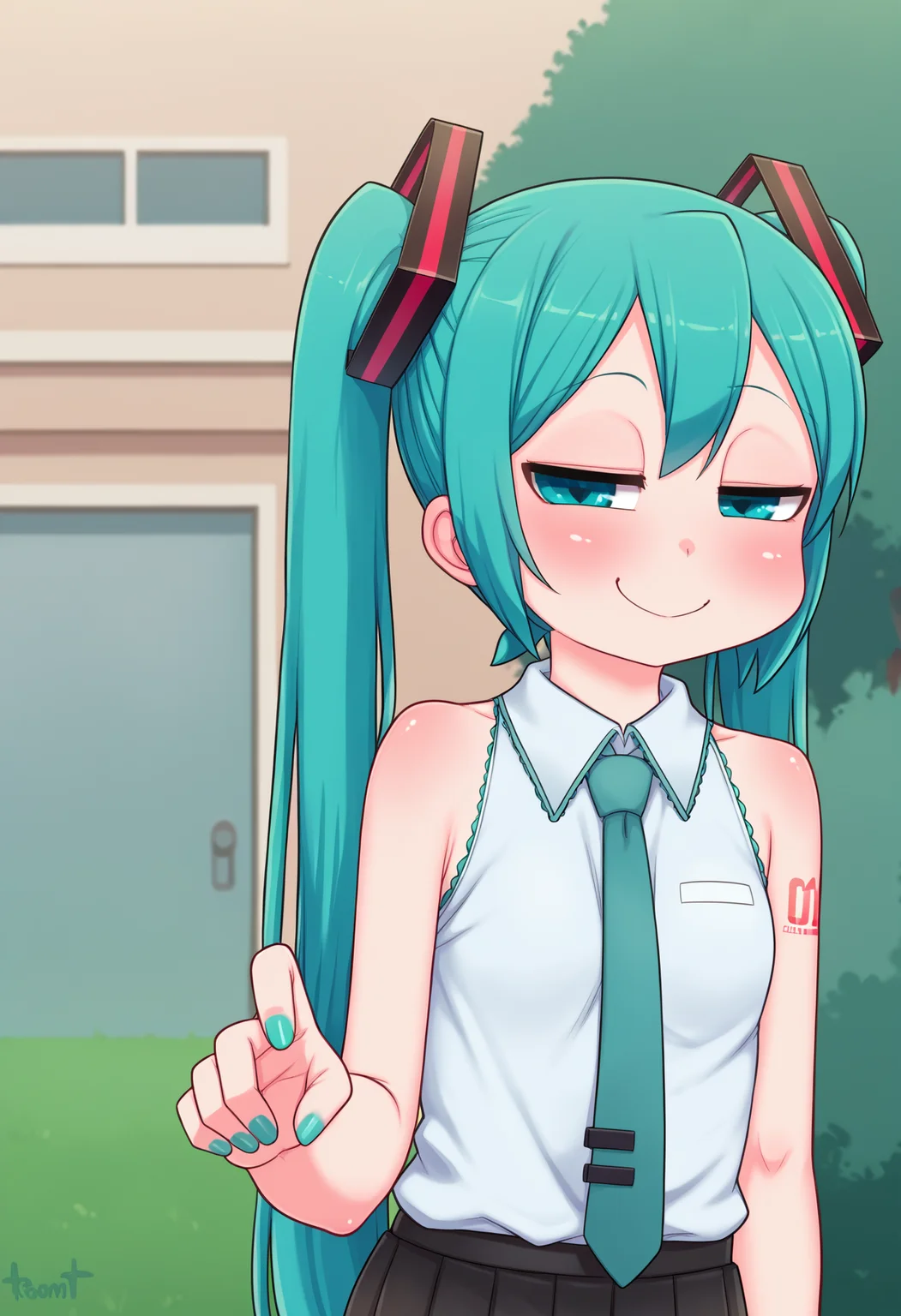 score_9, best quality, masterpiece, uncensored, source_anime
BREAK
1girl, standing, hatsune miku, looking at viewer, upper body, shirt, pleated skirt, smug, half-closed eyes, outdoors, nail polish
<lora:kionant_pony_v1-000014:1>