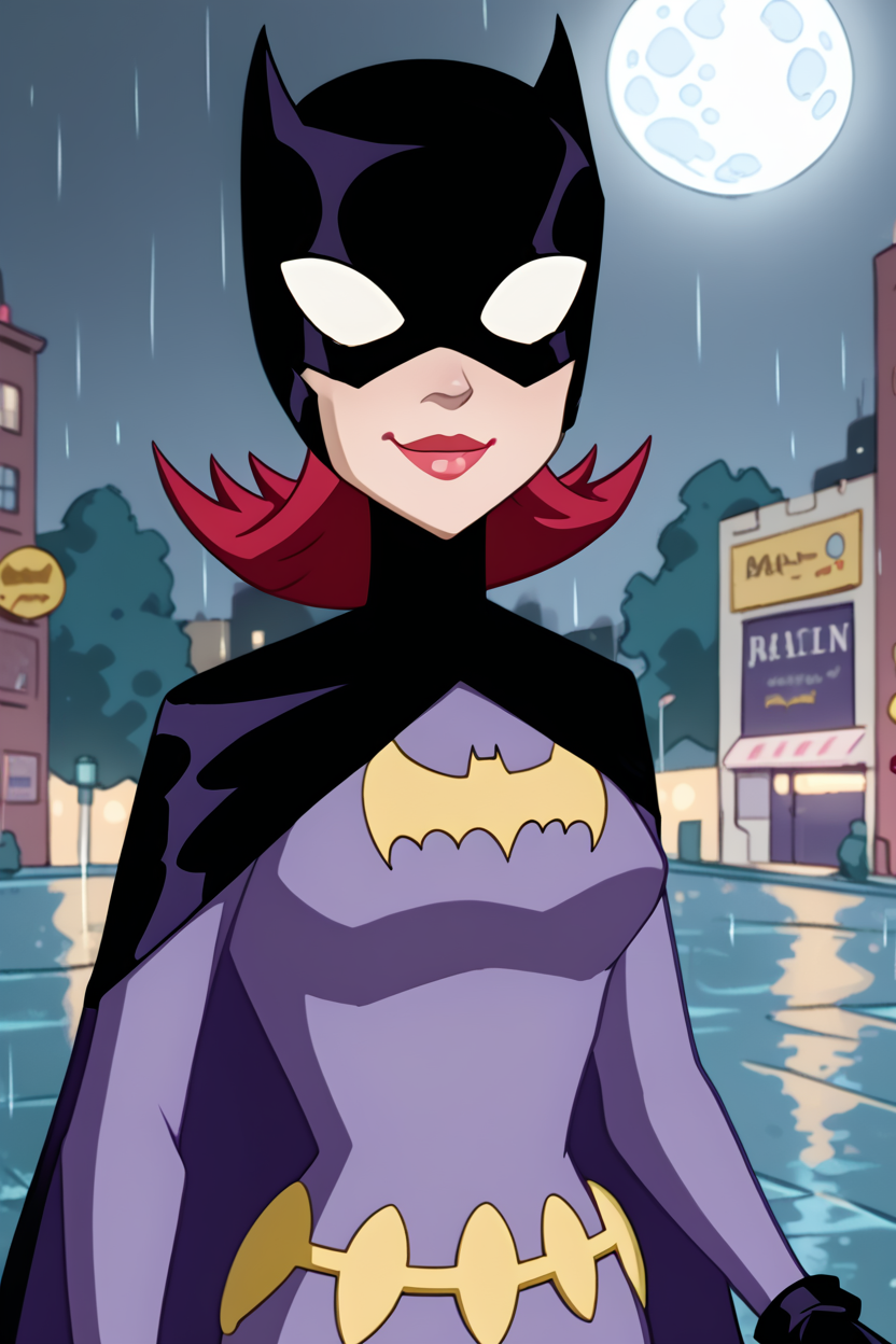 batgirl, 1girl, solo, smile, black mask, (white eyes, no pupils:0.9), red hair, lipstick, red lips, black cape, bat print, dark purple bodysuit, utility belt, black gloves, looking at viewer, upper body, raining, rain, night, city, street, moon, zPDXL, <lora:Batgirl:0.85>, <lora:LeisureSuitLarry-WD-PonyXL-V1:0.8>