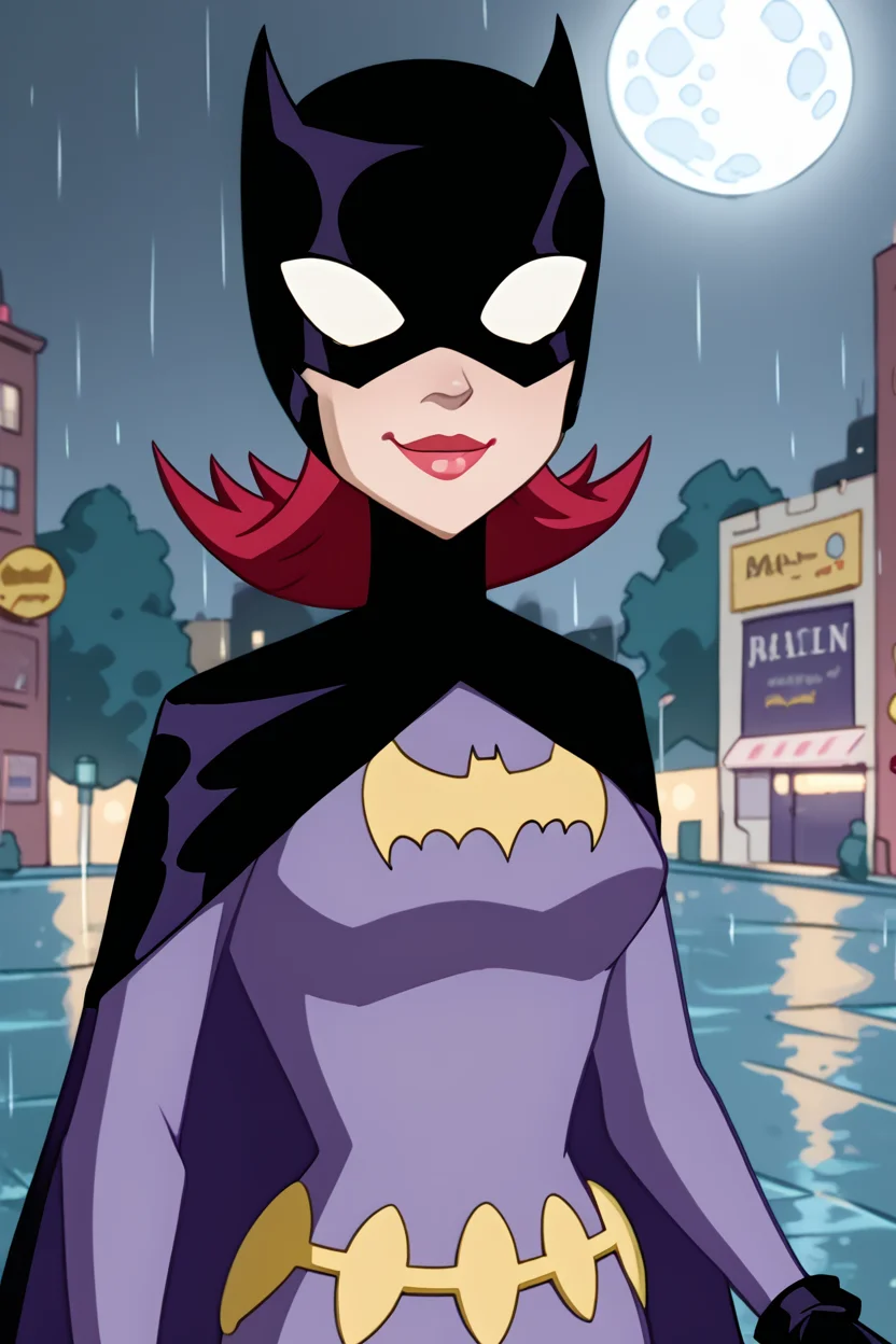 batgirl, 1girl, solo, smile, black mask, (white eyes, no pupils:0.9), red hair, lipstick, red lips, black cape, bat print, dark purple bodysuit, utility belt, black gloves, looking at viewer, upper body, raining, rain, night, city, street, moon, zPDXL, <lora:Batgirl:0.85>, <lora:LeisureSuitLarry-WD-PonyXL-V1:0.8>