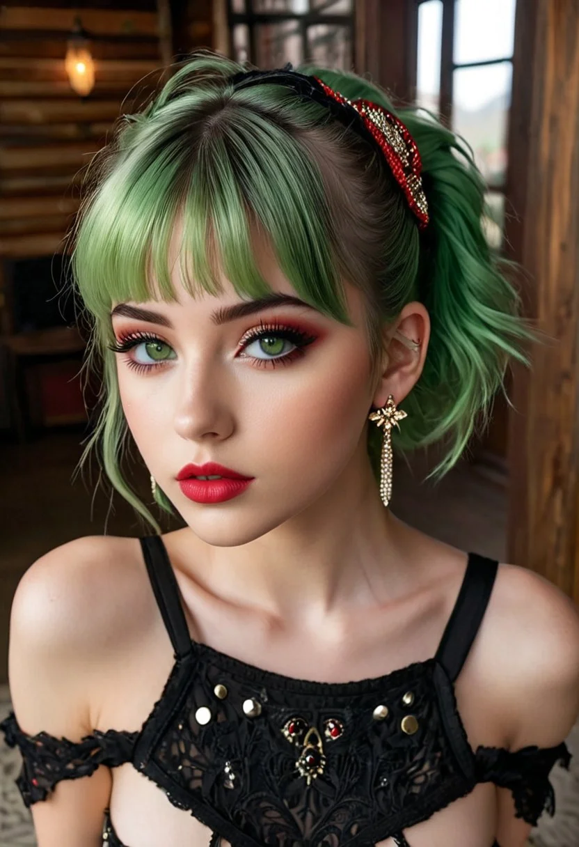 20 year old Turkish girl, high angle, cowboy shot, standing, stand up, full body view, hazel eyes, pale skin, puffy lips, makeup, eye contact, hairclip, light green hair, very short hair, hair up, double bun, hair flaps, asymmetrical bangs, long bangs, x hair ornament, dark red lips, red eyeshadow, mascara, eyeliner, stud earrings, piercing, blush, flat chest, epic action, Unreal Engine, cinematic award winning artwork, many details, extreme detailed, full of details,Wide range of colors., dramatic, Dynamic,Cinematic,Sharp details, Insane quality. Insane resolution. Insane details. Masterpiece. 32k resolution. casting shadow style, cucoloris patterned illumination, <lora:add-detail-xl:1>