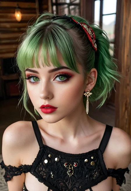 20 year old Turkish girl, high angle, cowboy shot, standing, stand up, full body view, hazel eyes, pale skin, puffy lips, makeup, eye contact, hairclip, light green hair, very short hair, hair up, double bun, hair flaps, asymmetrical bangs, long bangs, x hair ornament, dark red lips, red eyeshadow, mascara, eyeliner, stud earrings, piercing, blush, flat chest, epic action, Unreal Engine, cinematic award winning artwork, many details, extreme detailed, full of details,Wide range of colors., dramatic, Dynamic,Cinematic,Sharp details, Insane quality. Insane resolution. Insane details. Masterpiece. 32k resolution. casting shadow style, cucoloris patterned illumination, <lora:add-detail-xl:1>