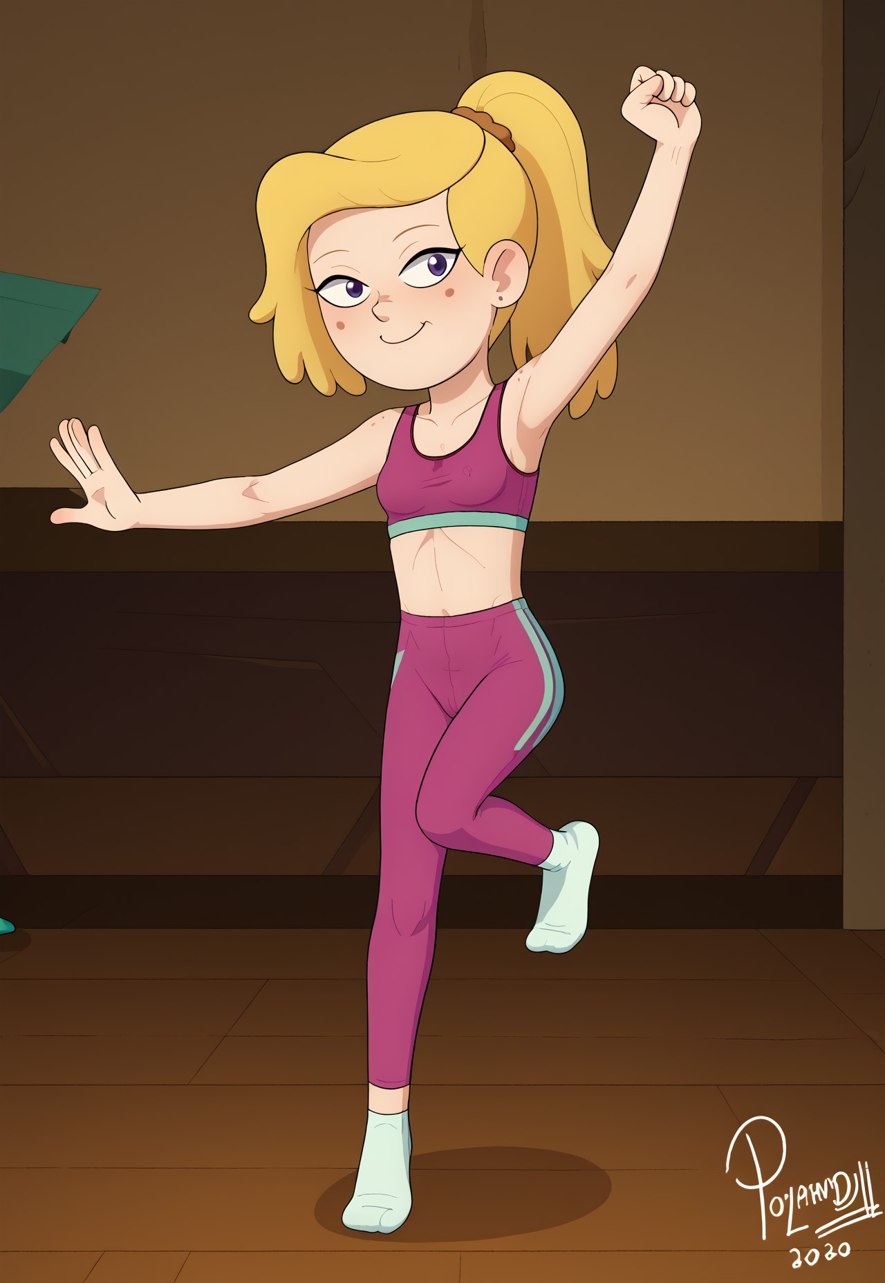 polanstyle, solo, CHSashaWay, SaHair Style, girl gracefully balancing on one leg in a yoga pose, wearing a vibrant sports bra and high-waisted leggings. The background features a serene mountain landscape