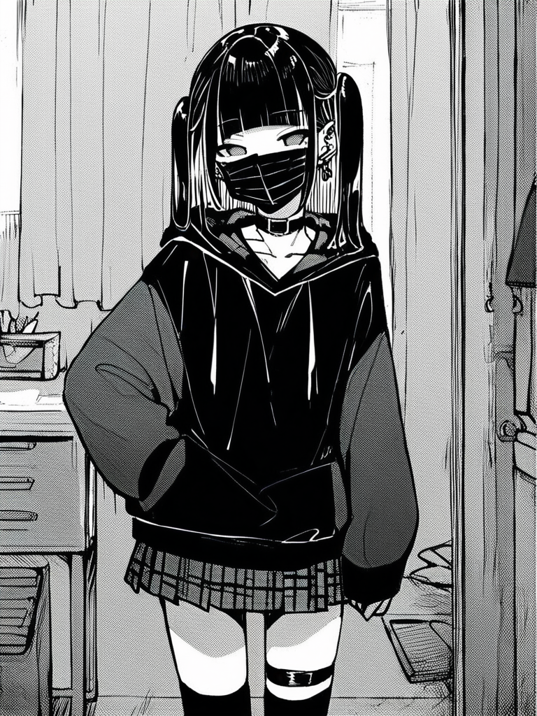 score_9, score_8_up, score_7_up,  
1girl,  monochrome,
black hair, blunt bangs, long hair, two side up, grey eyes,
empty eyes, black mask, mouth mask, earrings, choker,
standing, indoors, looking at viewer, hoodie, plaid skirt, short skirt, thighhighs, thigh strap,