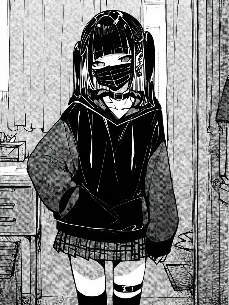 score_9, score_8_up, score_7_up,  
1girl,  monochrome,
black hair, blunt bangs, long hair, two side up, grey eyes,
empty eyes, black mask, mouth mask, earrings, choker,
standing, indoors, looking at viewer, hoodie, plaid skirt, short skirt, thighhighs, thigh strap,