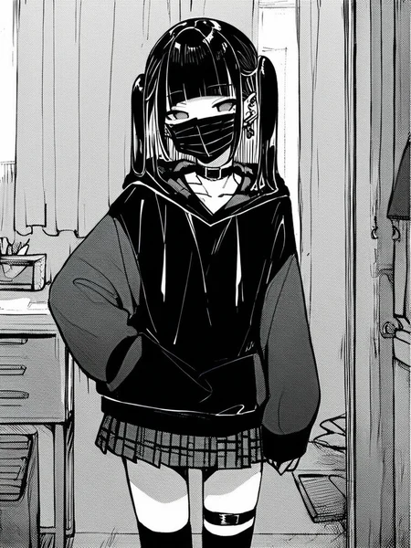 score_9, score_8_up, score_7_up,  
1girl,  monochrome,
black hair, blunt bangs, long hair, two side up, grey eyes,
empty eyes, black mask, mouth mask, earrings, choker,
standing, indoors, looking at viewer, hoodie, plaid skirt, short skirt, thighhighs, thigh strap,