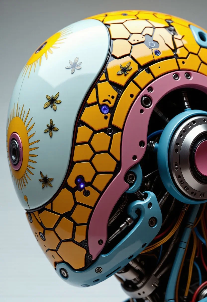 Extreme intricate cinematic head closeup, ajpasbot, faceless Yakuza android, inspired by traditional irezumi tattoo art, fully reimagined in a vibrant bee and honeycomb aesthetic. The android’s head is a flawlessly smooth, porcelain-like dome—entirely featureless, sculpted with subtle organic curves and completely wrapped in an unbroken, swirling design that radiates life, order, and nature’s fierce elegance.
The surface is covered in ultra-detailed, hand-painted honeybee iconography, blending seamlessly into a lush tapestry of sunburst yellows, jet blacks, amber oranges, nectar-golds, and pollen-browns. Honeycomb patterns twist and curl across the entire dome in fractal formations, interwoven with vibrant clover blossoms, soft wax filigree, and majestic queen bee wings, their iridescence catching the ambient light like stained glass.
Tiny bee drones, rendered in micro-detail, are shown mid-flight, their metallic forms cleverly hidden within the pattern until they reveal themselves upon closer inspection. Swirling pollen trails and nectar spirals create a sense of motion, leading the viewer’s eye around the dome in a hypnotic flow. There’s no division or symmetry—only a single, uninterrupted composition, like a sacred mural painted across the head of a mythic machine.