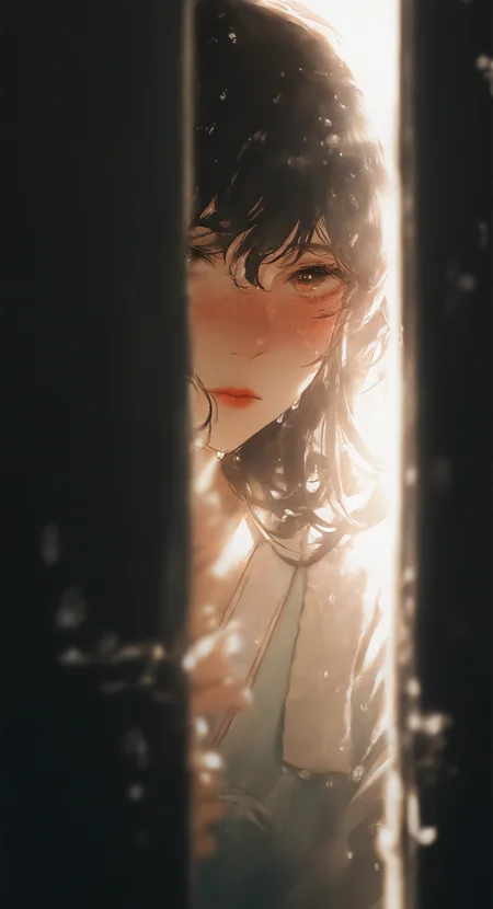 masterpiece, best quality, good quality, very awa, very aesthetic, absurdres, newest, 1girl, solo, delicate hanfu,highly detailed, looking at viewer, blush, brown eyes, black hair, black hair, closed mouth, upper body, indoors, blurry, wet, lips, blurry background, depth of field, expressionless, towel, freckles, blurry foreground, water drop, nose, door, red lips, wet hair, open door, peeking, Eye Reflection, backlighting,bloom, <lora:ponyv6_noobV1_2_adamW-000017:0.7> <lora:USNR_STYLE_XL_lokr:0.45> <lora:WSSKX_WAI:0.7>