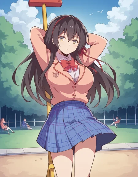 score_9, score_8_up, score_7_up, source_anime, <lora:sayuki-tokihara-s1-ponyxl-lora-nochekaiser:1>, sayuki tokihara, long hair, black hair, ribbon, hair ribbon, yellow eyes, hairband, large breasts,, skirt, bow, school uniform, jacket, plaid, plaid skirt, blazer,, public park, playground, swing set, laughter, sunny day, , looking at viewer, hands behind head,, solo,, cowboy shot, dutch angle