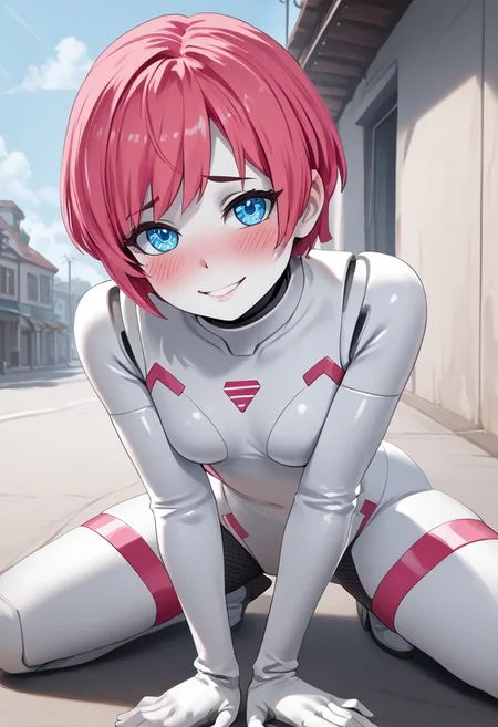 score_4,score_5,score_6,score_7_up,score_8_up,score_9 ((masterpiece,best quality,ultra detailed,highres,HD,4k:1.2)),
outdoor,
1girl,solo,gir focu,solo focus,face focus,
((android,robot girl,colored skin,white skin,very short hair)),pink hair,bungs,blue eyes,
bodysuit,elbow gloves,thighhighs,thigh boots,
looking at viewer,blush,shy,smile,
looking at viewer,shy,blush,smile,