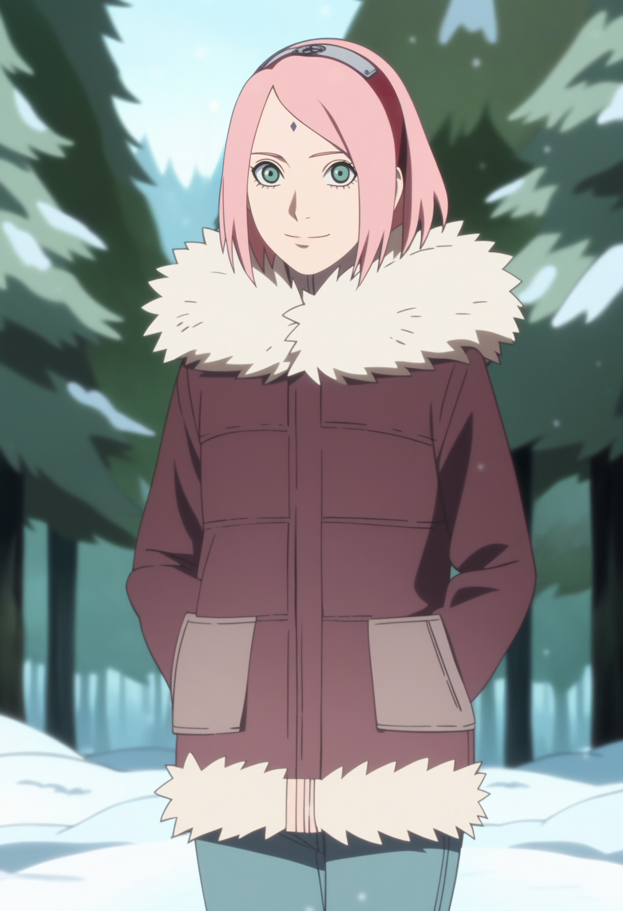 score_9, score_8_up, score_7_up, anime screencap, BREAK
1girl, haruno sakura, pink hair, short hair, green eyes, hairband,
forehead mark,
winter clothes, pants, coat, fur trim, long sleeves,
smile, solo, looking at viewer, trees, forest, winter, snow,   <lora:SakuraTheLastPDXL_byKonan:1>