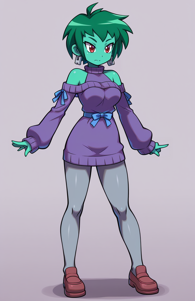 1girl, solo,  <lora:PiratesCurse:1> prtcrs,
rottytops, green skin, green hair, short hair, red eyes, blue ribbon-trimmed sweater, sleeves past wrists, long sleeves, purple dress, halter dress, grey high-waist pantyhose, pink penny loafers,
standing, body angled forward, driven look, active movement, powerful energy, extremely detailed, highres, masterpiece, best quality