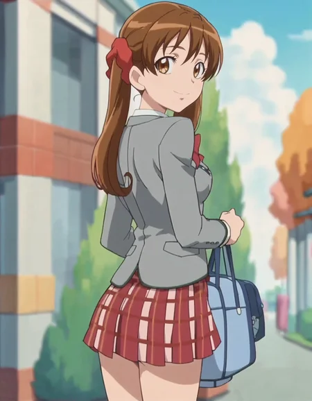 score_9, score_8_up, score_7_up,anime screencap,1girl,solo,sakagamiayumi, skirt, school uniform, bow, jacket, blazer, looking at viewer,smile, bowtie, plaid skirt, ribbon medium breasts,from behind,ass<lora:sakagamiayumi:0.8>
