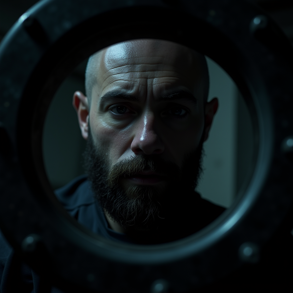 <lora:Chiaroscuro Lighting Style v1:1>
Chiaroscuro Lighting Style of a man with a beard and a beardless face looking through a metal wheel, sharp, detailed, perfect, perfection, realism, cinematic exposure, cinematic color, cinematic contrast, dramatic style, cinematic style, dramatic shadow, partially covered in shadow, Chiaroscuro Lighting Style, solo, no humans, monster, realistic, dark, horror (theme), 1boy, male focus, facial hair, beard, bald