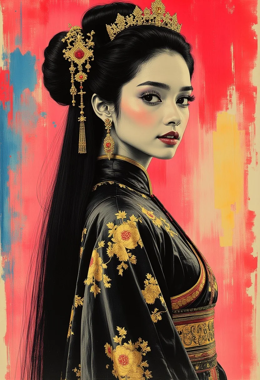 abstract photorealistic ink image in vivid, surreal colour gradient, side portrait of japanese princess in sumptuous black and gold cheongsam, long dark hair with bleached blonde highlights, earrings, tiara; black, gold, red and blue colour scheme