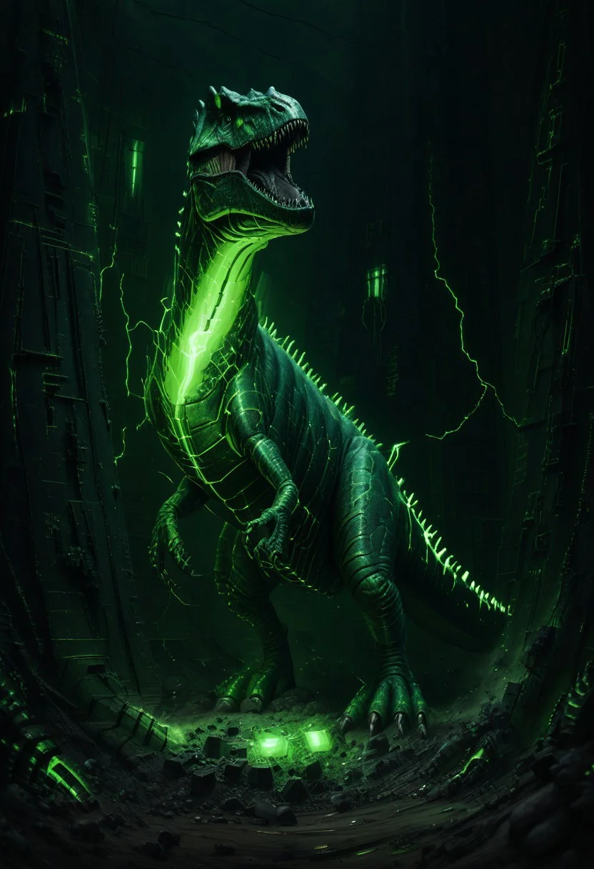 Necron, electricity, green glow, green theme, dinosaur,
