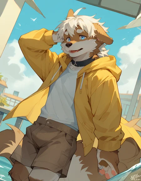 score_9, score_8_up, score_7_up, rating_safe, detailed, <lora:add-detail-xl:2.5>, anthro, furry, dutch angle, high quality, hires, detailed background, embedding:easynegative, pose, score_9, score_8_up, score_7_up, rating_safe, detailed, <lora:add-detail-xl:2.5>, anthro, furry, dutch angle, high quality, hires, detailed background, embedding:easynegative, pose, <lora:Viosgit_style.safetensors:1.2>, (by viosgit:1.2), <lora:Michi_OC.safetensors:1.0>, (male, male focus, happy face:1.15), (Michi:1.15), d0g, White hair, blue eyes, white muzzle, yellow hoodie, brown shorts, (floppy ears:1.1), white eyebrows, tail, brown body, solo, upper body