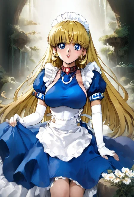 Retro art Style, full_details, 1 girl, solo, blue eyes, detailed pupils, long hair, blonde hair, straight bangs, breasts, big breasts, necklace, gloves, elbow-length gloves, blue dress, short sleeves, puffed sleeves, long dress, white apron, white lace, sit wariza, Fantasy background