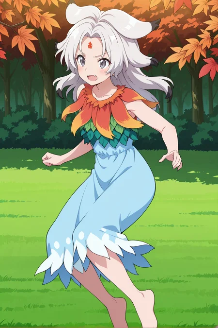 absurdres, highres, masterpiece, best quality, amazing quality, official anime artwork, screencap, anime screencap, outdoors, dynamic pose, 
 <lora:Chimi-Houjuu_Illustrious:1> houjuu chimi, 1girl, solo, grey eyes, white hair, long hair, parted bangs, v-shaped eyebrows, fang, forehead mark,, collarbone, green vest, blue dress, sleeveless dress, leaf clothing, red leaf, barefoot,
from the side,