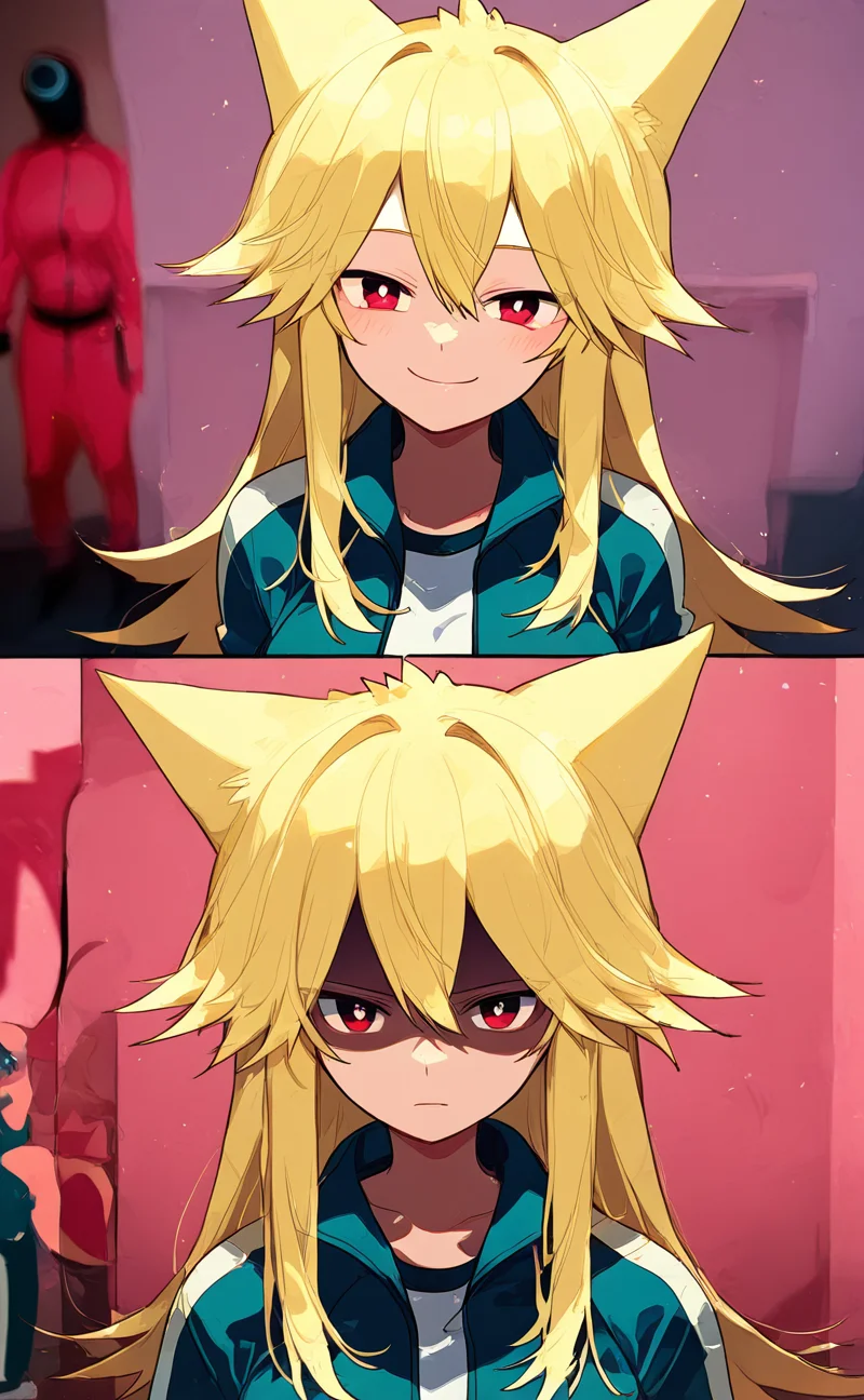 2koma,looking at viewer,comic,scene reference,track jacket,blurry background,<lora:Year1&Year2SquidGameMeme_illusXLNoobAI_Incrs_v1:1>,Moge-ko,Moge-ko girl,long hair,blonde hair,red eyes,animal ears,smug,
2koma,looking at viewer,comic,scene reference,track jacket,blurry background,<lora:Year1&Year2SquidGameMeme_illusXLNoobAI_Incrs_v1:1>,Moge-ko,Moge-ko girl,long hair,blonde hair,red eyes,animal ears,shaded face,
masterpiece,best quality,newest,absurdres,highres,2girls,<lora:Moge_v8:1>,
