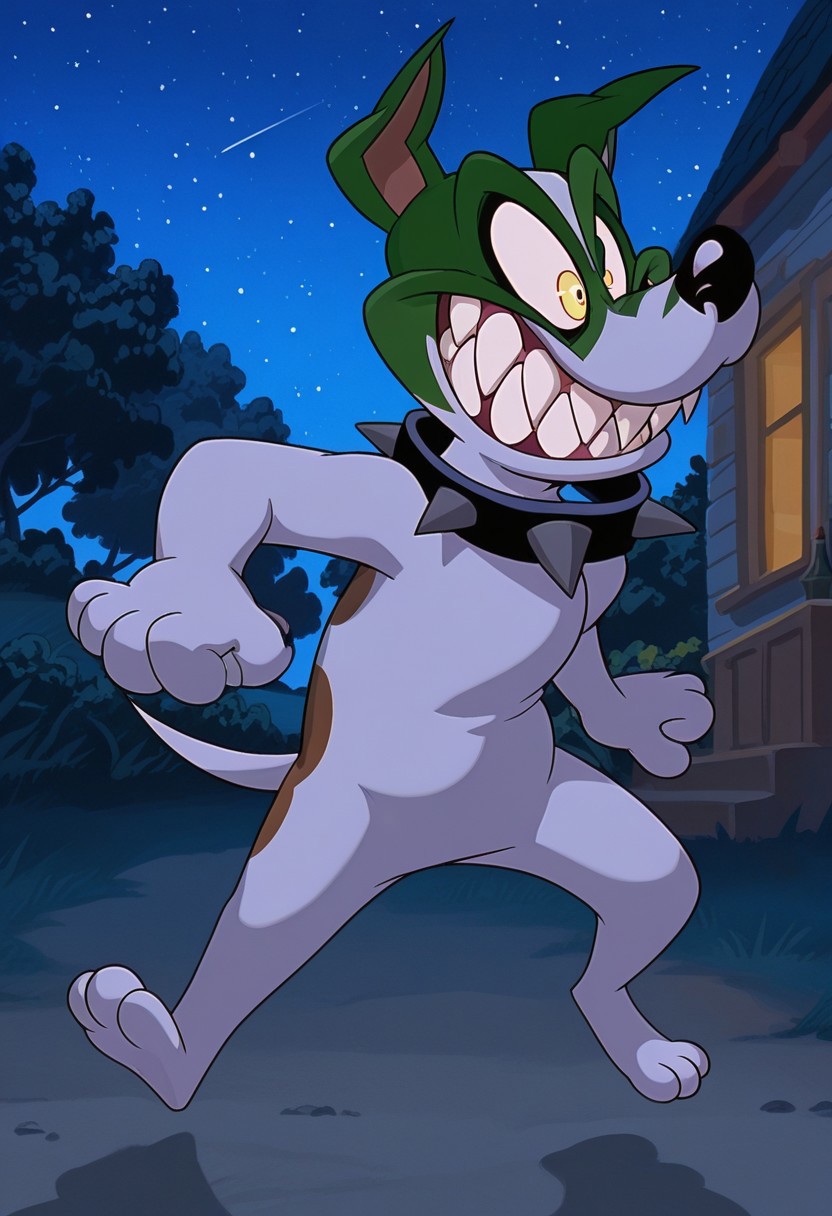 masterpiece, best quality, amazing quality, The Mask dog, Otis, 1boy, dog, jack russel terrier, anthropomorphic, green with white face, crazy eyes, black nose, sharp teeth, white and brown fur, black spiked collar, bara, full body, smile