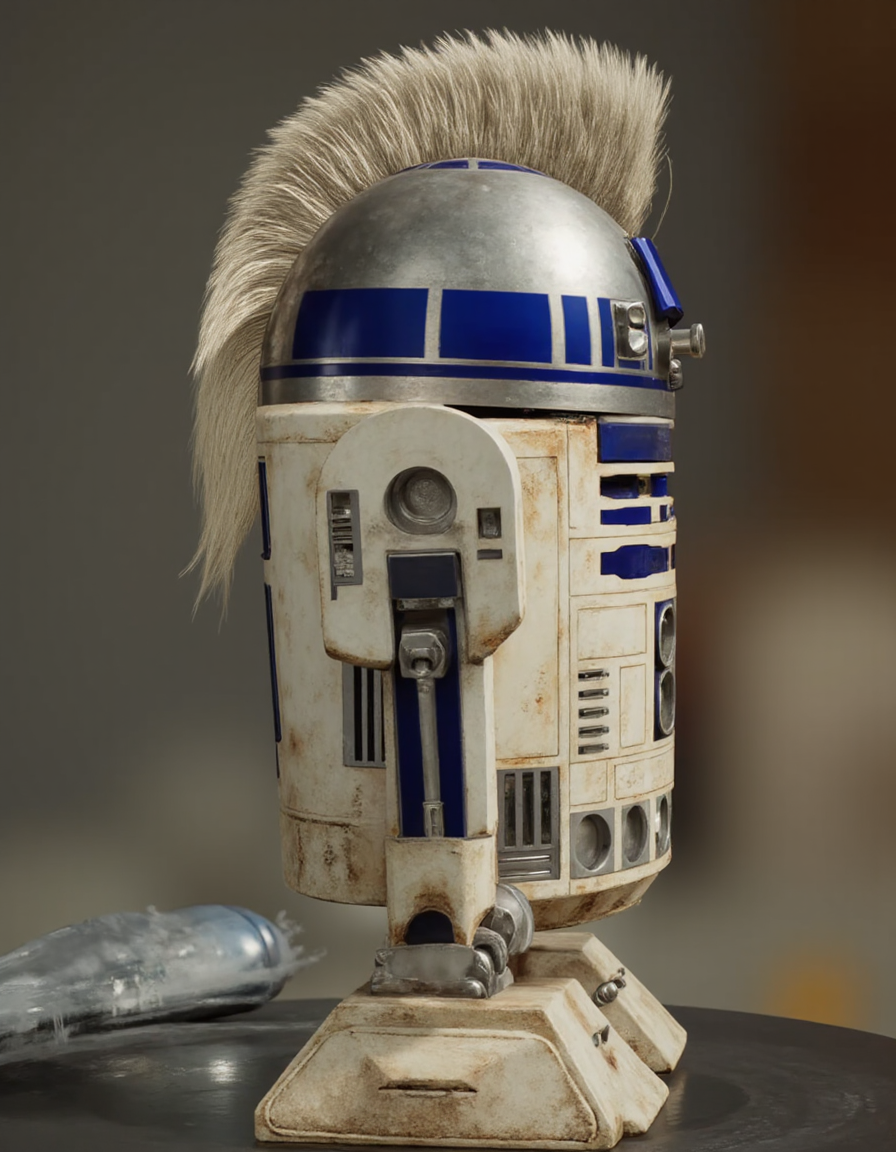 realistic photo of a r2d2 with a mohawk hairstyle,  ultra high quality, sharp focus, highly detailed,<lora:r2d2:1> <lora:Meta_Punk_V2:1>