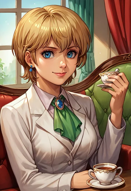 score_9, score_8_up, score_7_up, source_anime,
, (best quality) , (highly detailed) ,masterpiece ,absurdres ,detailed face ,beautiful face ,
<lora:pony_xl_Hildegard:0.8>,Hildegard,score_9,score_8_up,1girl,female,kawaii,solo,short hair,earrings,suit,white collared shirt,ascot,brooch,upper_body,looking_at_viewer,smile,closed mouth,sitting,couch,table,window_,curtains,stretching your spine,cup,teacup,saucer,parody,
OverallDetail