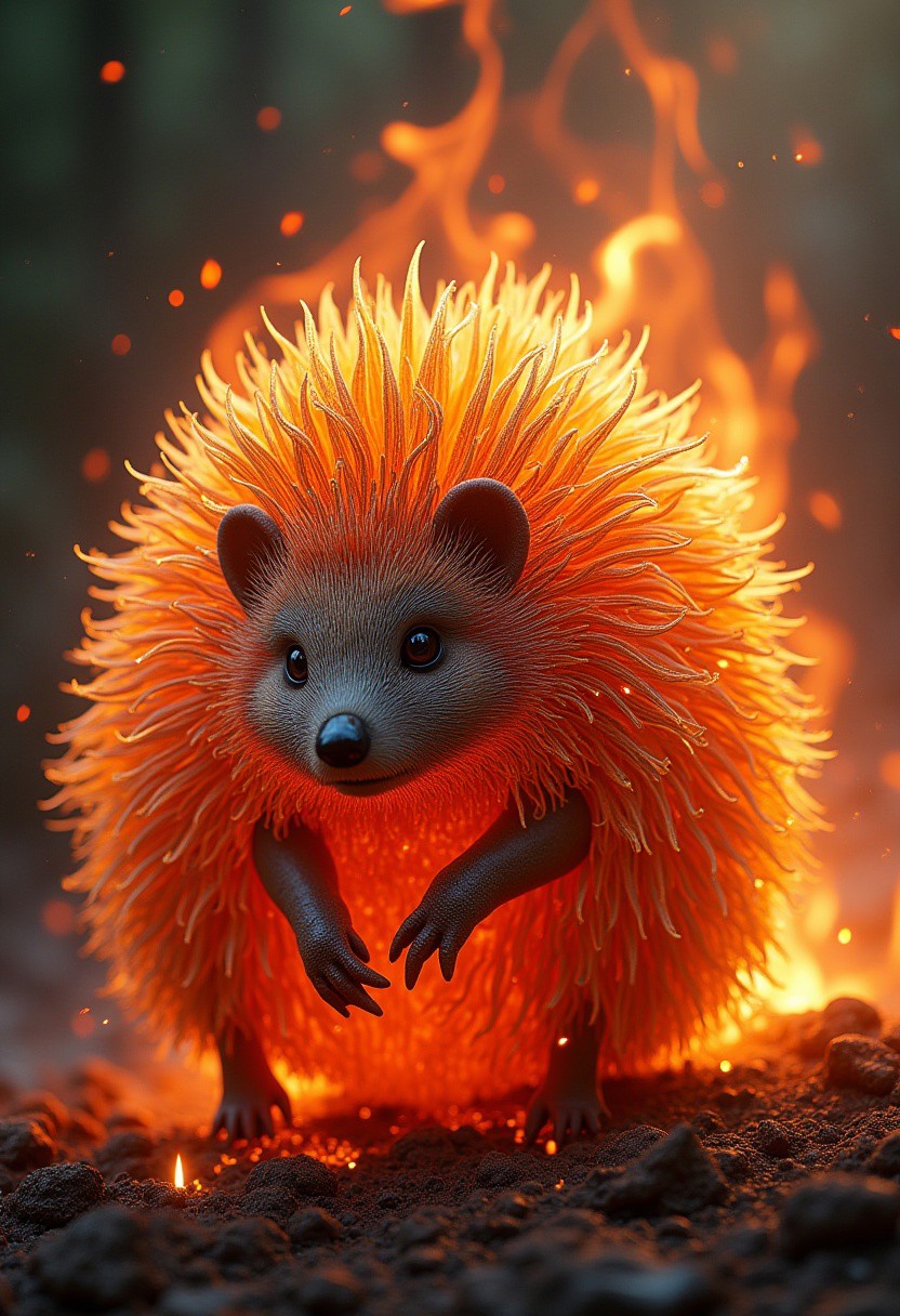 A mesmerizing (hedgehog) crafted from swirling fire and lava, adorned with enchanted swirls, This fantastical creature is depicted in a highly detailed and intricate manner, exuding a sense of otherworldly beauty, Encircled by a fiery raged flame, Majestically ((rearing)) its forelegs off the ground, The image is of exceptional quality, with every inch captured in sharp 8k focus, making the vibrant colors and intricate details truly stand out, This breathtaking portrayal seamlessly merges elements of fantasy with unparalleled artistry, drawing viewers into a world of magic and wonder.