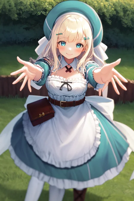 masterpiece, best quality, highres, 1girl yomi, hat dress apron <lora:yomi:1> smile, standing, outdoors, outstretched arms, reaching out