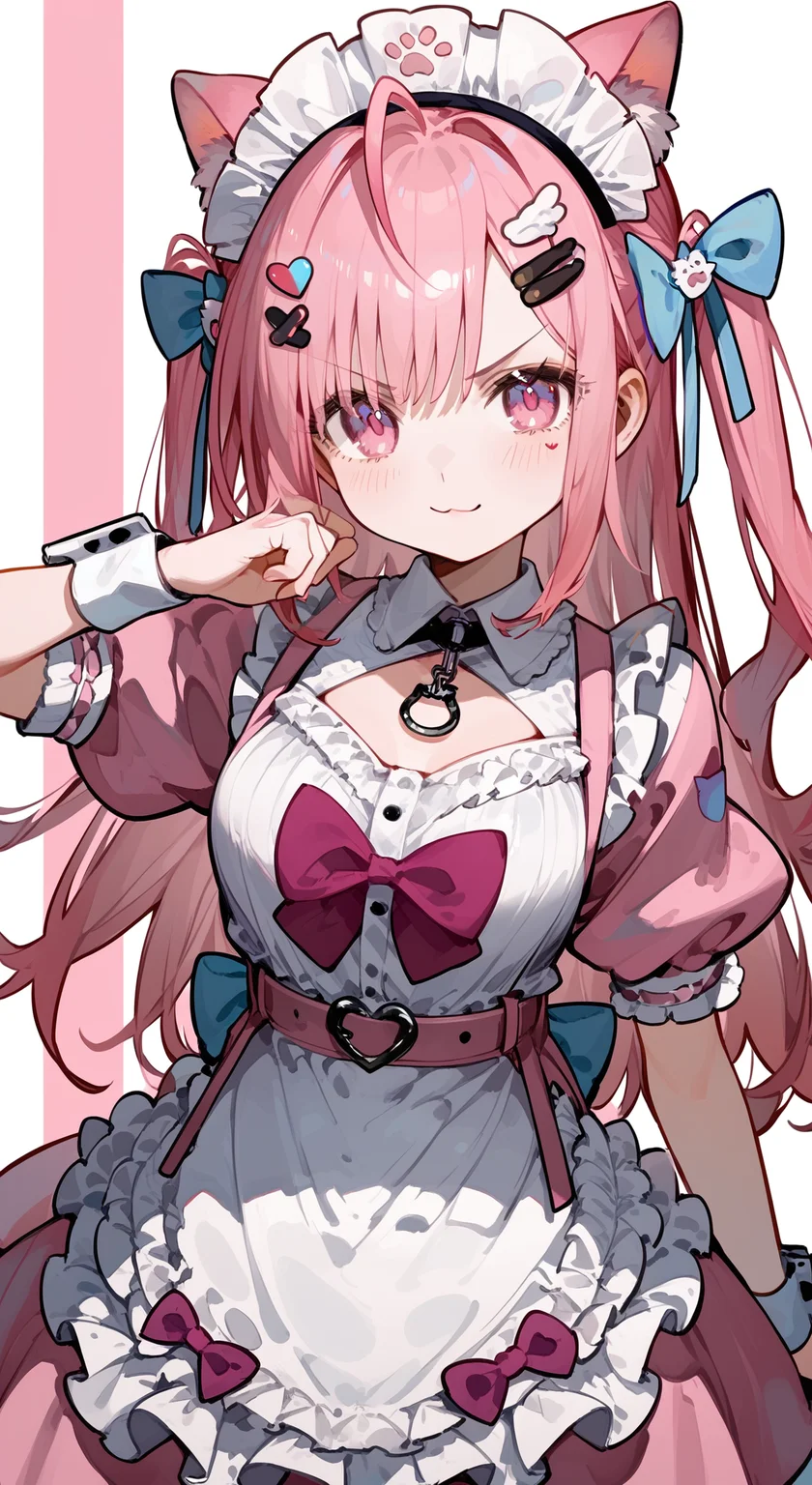 score_9, score_8_up, score_7_up, 1girl, solo, looking at viewer, smile, blush, foreshortening, <lora:yuuki_sakuna_pony:0.92>, yuuki sakuna, animal ears, pink hair, cat ears, maid headdress, long hair, hair ornament, bow, animal ear fluff, ahoge, bangs, two side up, cat hair ornament, hair bow, hairclip, blue bow, pink eyes, apron, short sleeves, dress, puffy short sleeves, frills, heart, puffy sleeves, white apron, maid, pink dress, wrist cuffs, glaring,