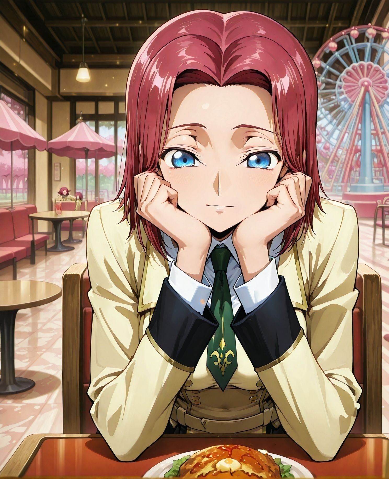 <lora:add-detail-xl:0.5>,,masterpiece, best quality, newest, absurdres, highres, detailed eyes, beautiful, detailed background, perfect eyes, anime coloring, anime screencap,
<lora:sugar_dating:1>sugar_datingV1,
1girl,head rest, pov,table, food, solo,
amusement park, restaurant, 
BREAK
kallen stadtfeld,red hair,short hair,blue eyes,kallen school uniform,shot,green necktie,black skirt,yellow uniform,ashford academy uniform,highhighs, <lora:Takahiro Kimura_illustriousXL:1>,
code geass, 
official style, official art, 
20YO, milf,adult couple,