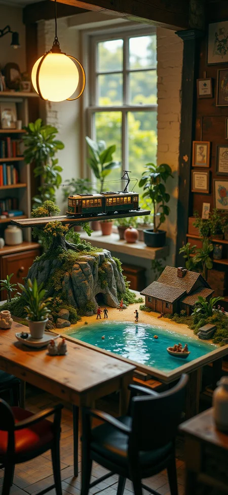 (indoor,very wide isometric view,tilt-shift lens:1.6), (windowless,fna_style,miniature,miniature,diorama,miniature,diorama,PVC,plastic:2),dawn jungle,beach,1930s city with streetcar  at (floating island,levitating  island:1.5) on (table:2) at (attic:2.5)   <lora:Diorama_Flux:1>
 <lora:Fantasy_Novel_Art_Style:1>
