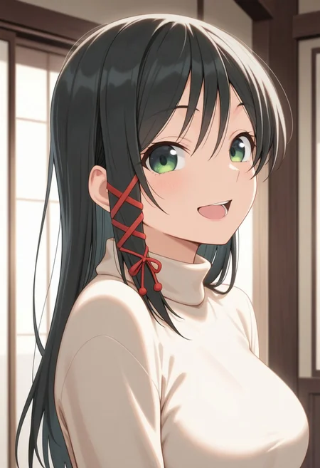 masterpiece,best quality,amazing quality, yae amagami, long hair, black hair, green eyes, 1girl, solo, smile, looking at viewer, open mouth, upper body, sweater, ribbon, hair ribbon, turtleneck, hair ornament