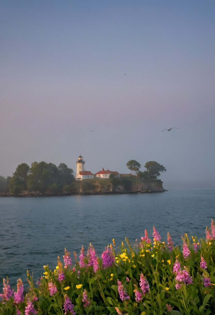 View from the water to the island with the lighthouse, seen from afar. Early morning, slight fog, view from the boat of a large beautiful lighthouse, the lighthouse stands on a small island, on this island grass grows and many very beautiful flowers. Skies clear, very few cirrus clouds visible. View from a wooden boat, which is located on the water not very far from the lighthouse. beautiful little birds fly near the lighthouse, beautiful water.