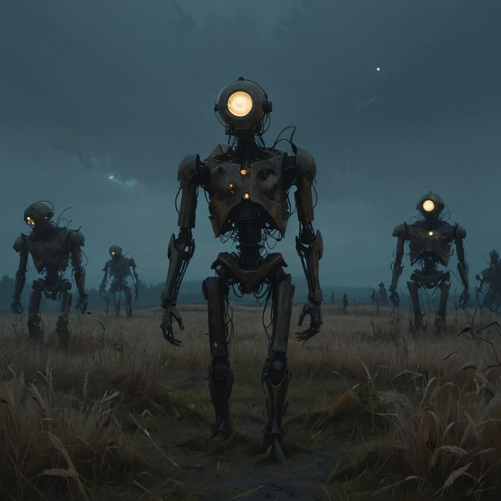 a painting that captures the essence of a poem: 
(Fields where machine souls rust under the light of a dying star, 
Veni, vidi, vici; 
When heaviest is the crown of the ghost of a god, none dare come out to play; 
Use caution when dealing with the fallible tenets of the aegis rimwalkers; 
Cyborg religious sects turned loose with the coming of the new dawn; 
I offer this advice in earnest, for soon we shall see many a truth uncovered; 
Do not despair my voidwalker, for what happens in the dark is destined to come to light, now and forever more...), 
Andrei Tarkovsky Style page,detailxl,in the style of simon-stalenhag,