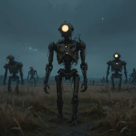 a painting that captures the essence of a poem:
(Fields where machine souls rust under the light of a dying star,
Veni, vidi, vici;
When heaviest is the crown of the ghost of a god, none dare come out to play;
Use caution when dealing with the fallible tenets of the aegis rimwalkers;
Cyborg religious sects turned loose with the coming of the new dawn;
I offer this advice in earnest, for soon we shall see many a truth uncovered;
Do not despair my voidwalker, for what happens in the dark is destined to come to light, now and forever more...),
Andrei Tarkovsky Style page,detailxl,in the style of simon-stalenhag,