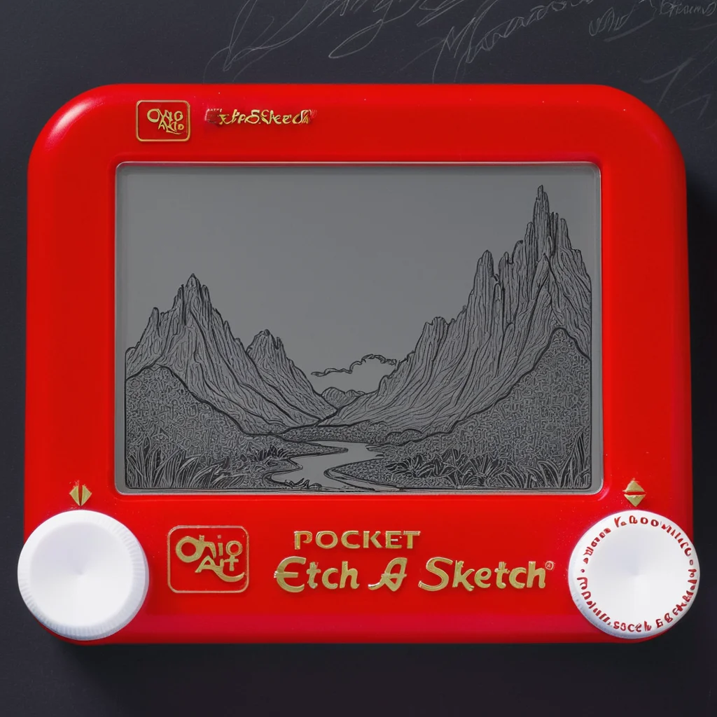 A photo of a red Etch A Sketch toy. The toy is laying on a dark background. The screen of the Etch A Sketch has a drawing of a majestic fantasy landscape on it. <lora:Etch_A_Sketch-000009:1>