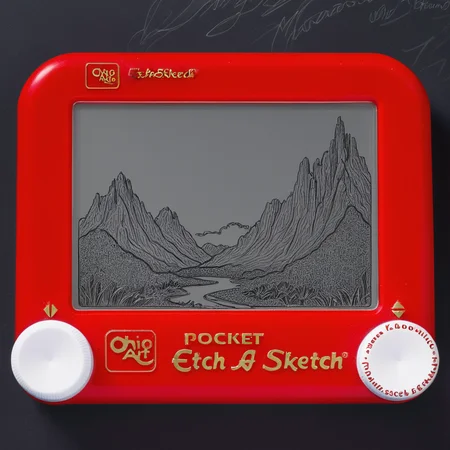 A photo of a red Etch A Sketch toy. The toy is laying on a dark background. The screen of the Etch A Sketch has a drawing of a majestic fantasy landscape on it. <lora:Etch_A_Sketch-000009:1>