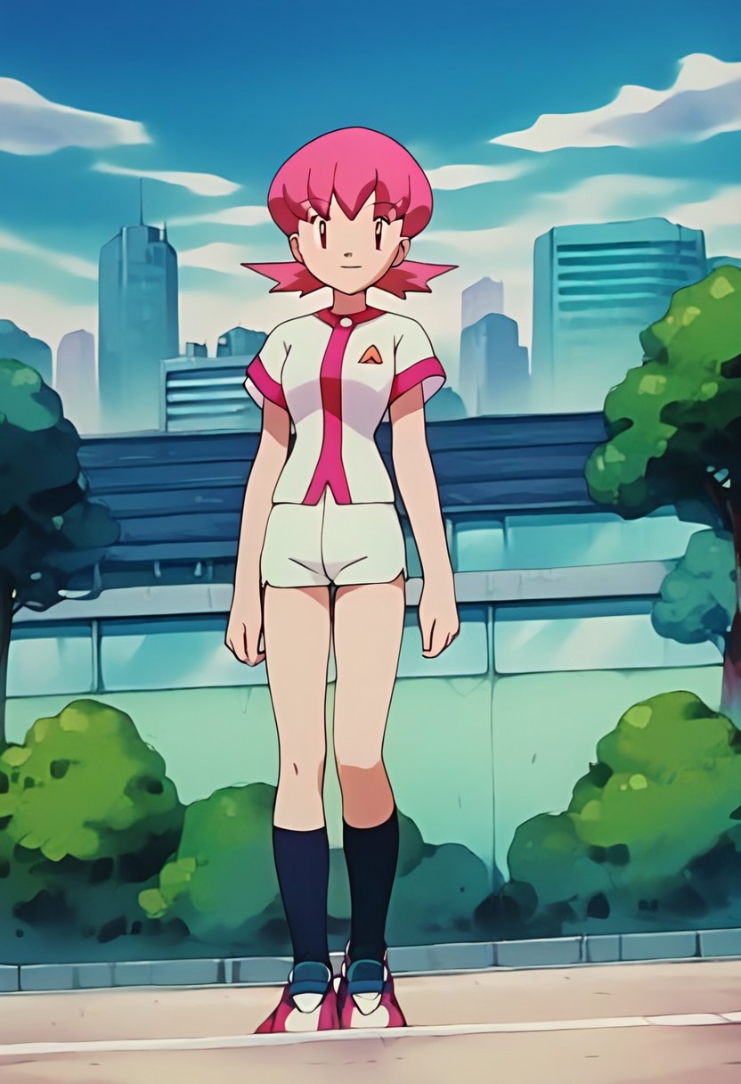score_9,score_8_up,score_7_up,score_6_up, 
PKMNWhitney, 1girl, pink hair, short hair, bangs, twintails, pink eyes, eyelashes, white shirt, short sleeves, white shorts. short shorts, socks, shoes
standing, smiling, cityscape, trees, sky, buildings, clouds, sunlight, day, cowboy shot, close-up, solo, looking at viewer