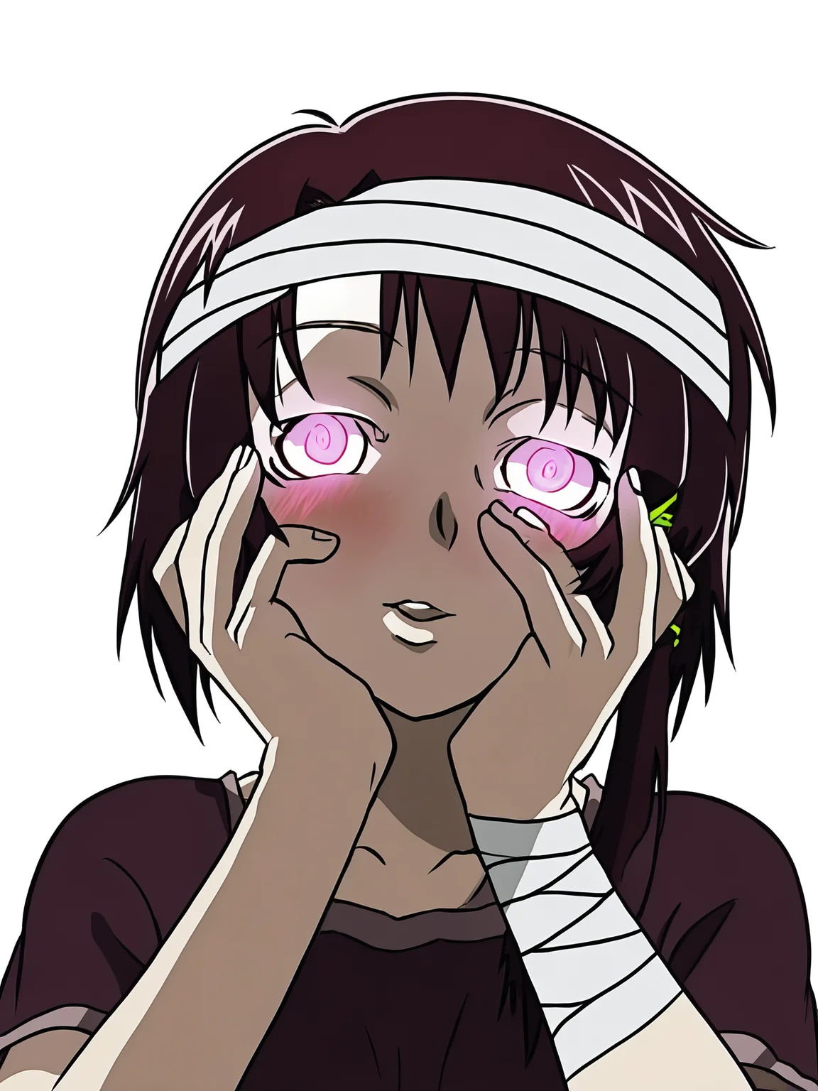 woman, 20 year old, 20 year old woman, adult, score_9, BREAK masterpiece, high quality, white background, <lora:Iwakura_Lain_PS_PDXLv0-e50:0.7> 1girl, iwakura lain ps, t-shirt, bandaged head, <lora:yandere_trance_v1_unpruned:1> yandere trance, blush, glowing eyes, upper body,