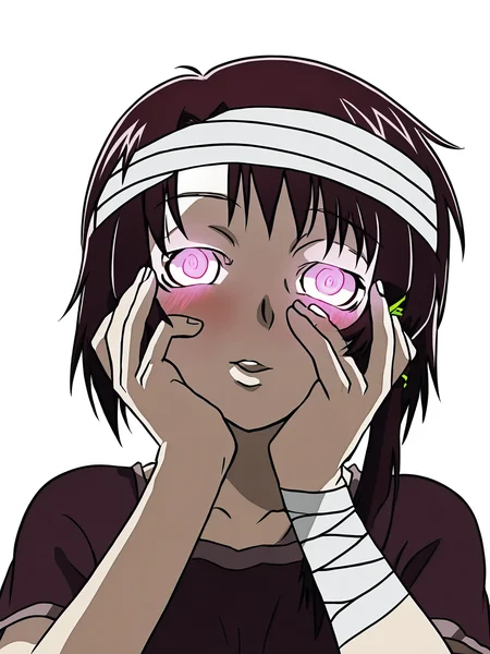 woman, 20 year old, 20 year old woman, adult, score_9, BREAK masterpiece, high quality, white background, <lora:Iwakura_Lain_PS_PDXLv0-e50:0.7> 1girl, iwakura lain ps, t-shirt, bandaged head, <lora:yandere_trance_v1_unpruned:1> yandere trance, blush, glowing eyes, upper body,