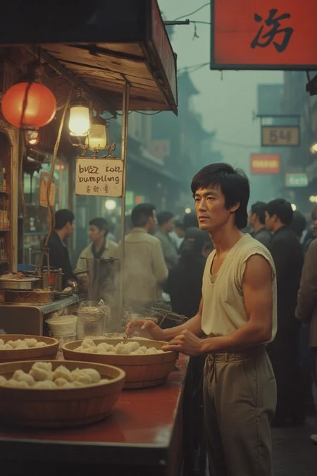Bruce Lee selling dumplings at a vibrant 1970s Beijing street market. He stands behind a small food stall with a sign reading "Buzz for Dumplings." in English. The scene is rich in detail—neon lights, steam rising from bamboo baskets, and a lively crowd in era-appropriate fashion. The marketplace is bustling with merchants, colorful signs, and traditional architecture. Shot in high-fidelity, with bold colors, deep contrast, and cinematic lighting, capturing the grit and energy of the era.