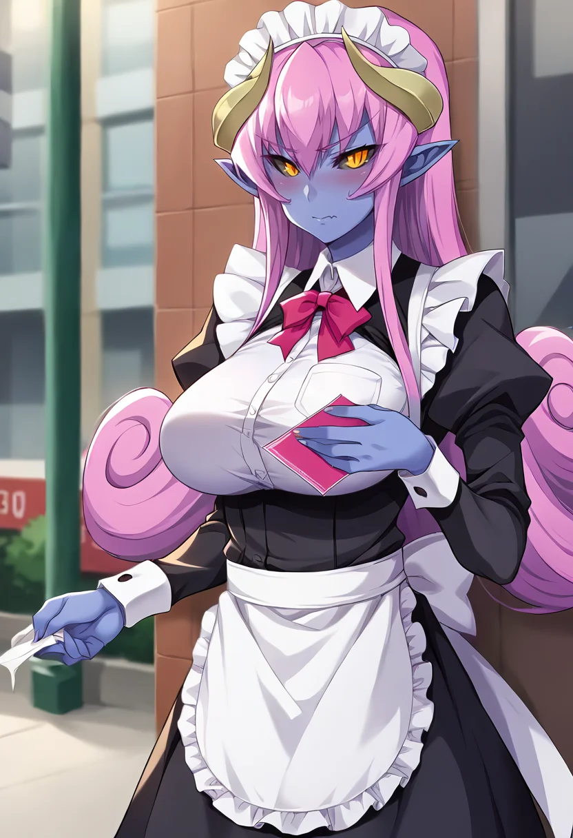 score_9, score_8_up, score_7_up, source_anime, masterpiece BREAK ct_efa, blue skin, pink hair, long hair, large breasts, demon horns, slit pupils, grey sclera BREAK maid, maid headwear, maid apron, holding paper, standing, looking at viewer, outdoors, city, depth of field, closed mouth, blush, cowboy shot,  <lora:Efanatika_Pony_ct:1>