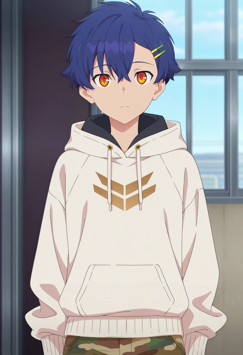 masterpiece, best quality, , anime screencap, anime coloring, official style, looking at viewer, 1boy, solo, male focus, <lora:yomogi_asanaka_ilxl:1>, yomogi_asanaka, blue hair, orange eyes, short hair, bangs, hair between eyes, hairclip, hoodie, , Bronze Camo cargo pants, Fleece pullover, , ,