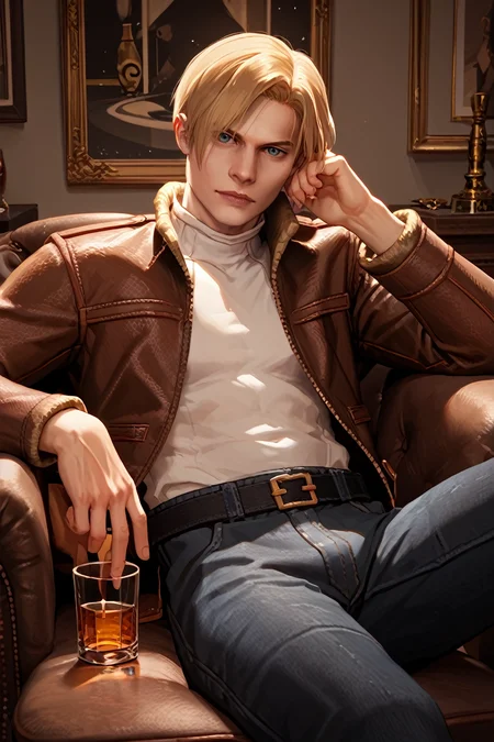 score_9, score_8_up, score_7_up, score_6_up
<lora:RE4Leon:1.0>
RE4Leon, 1boy, blonde hair, looking at viewer, reclining in a classic leather armchair, with a glass of whiskey in hand