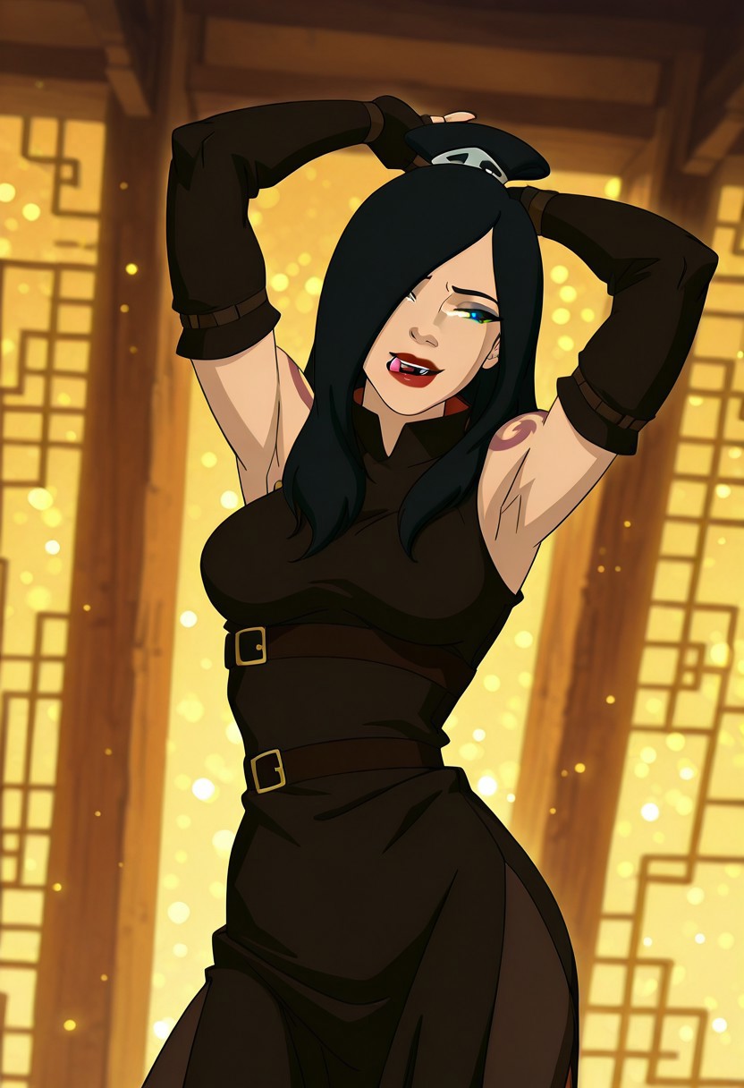 JuneATLA, 1girl, solo, black hair, long hair, hair over one eye, hair ornament, topknot, brown eyes, full lips, lipstick, eyeshadow, makeup, large breast, thick thighs, shoulder tattoo, detached sleeves, black dress, cutout dress, fingerless gloves, belt, pantyhose, boots, bare shoulders, 
,seductive pose, sexy pose, tease, 
masterpiece, best quality, fine details, intricate details, depth of field, subsurface scattering, bokeh,
 ultra-detailed, very aesthetic, detailed background, newest, scenery, highres, absurdres, colorful, vibrant, glowing, perfect face, 2d, perfect eyes,  vibrant saturated colors, volumetric lighting, sharp, detailed eyes, perfect anatomy,  perfect face, perfect eyes, mature body, clear eyes, beautiful eyes, athletic, curvy body, athletic girl, perky tits, perfect tits, round breasts, pinup pose, teasing, lustful expression, perfect hands, 
muscular female, dutch angle, 
arms up, armpits, open mouth, licking lips, head tilt 
 ,Smooth Negative, Smooth_Quality,
In the Avatar Animation style,