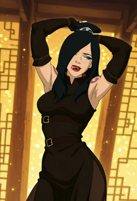 JuneATLA, 1girl, solo, black hair, long hair, hair over one eye, hair ornament, topknot, brown eyes, full lips, lipstick, eyeshadow, makeup, large breast, thick thighs, shoulder tattoo, detached sleeves, black dress, cutout dress, fingerless gloves, belt, pantyhose, boots, bare shoulders,
,seductive pose, sexy pose, tease,
masterpiece, best quality, fine details, intricate details, depth of field, subsurface scattering, bokeh,
ultra-detailed, very aesthetic, detailed background, newest, scenery, highres, absurdres, colorful, vibrant, glowing, perfect face, 2d, perfect eyes, vibrant saturated colors, volumetric lighting, sharp, detailed eyes, perfect anatomy, perfect face, perfect eyes, mature body, clear eyes, beautiful eyes, athletic, curvy body, athletic girl, perky tits, perfect tits, round breasts, pinup pose, teasing, lustful expression, perfect hands,
muscular female, dutch angle,
arms up, armpits, open mouth, licking lips, head tilt
,Smooth Negative, Smooth_Quality,
In the Avatar Animation style,