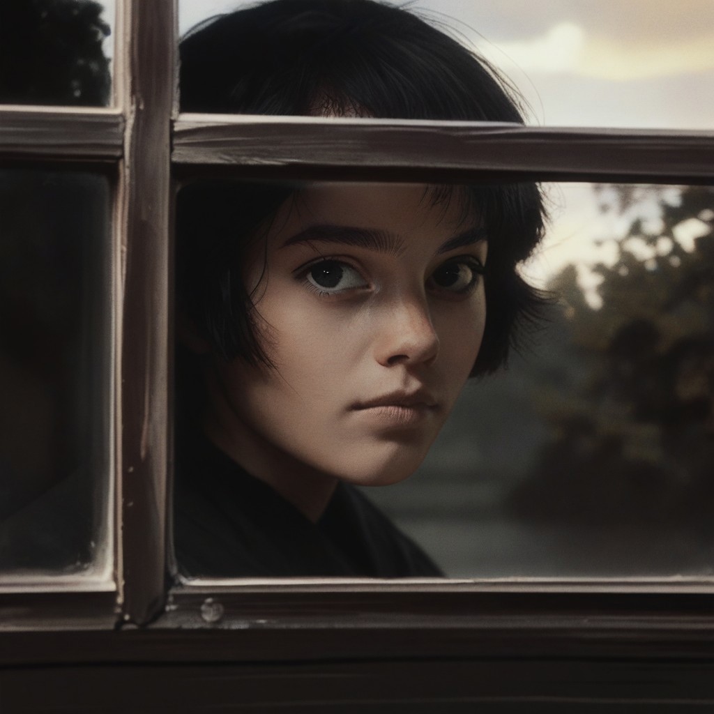 score_9, score_8_up, score_7_up, score_6_up, flmgr, flmgr, film grain, cinematic, cinematic light, solo, black hair, realistic, black eyes, looking at viewer, portrait, 1girl, short hair, closed mouth, Outside the window