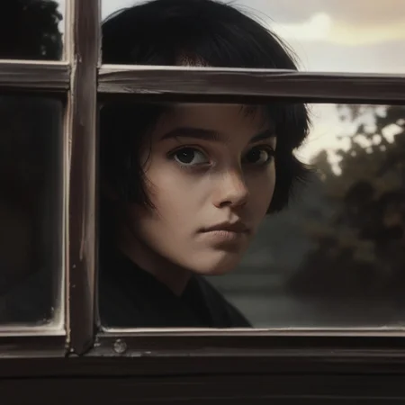 score_9, score_8_up, score_7_up, score_6_up, flmgr, flmgr, film grain, cinematic, cinematic light, solo, black hair, realistic, black eyes, looking at viewer, portrait, 1girl, short hair, closed mouth, Outside the window