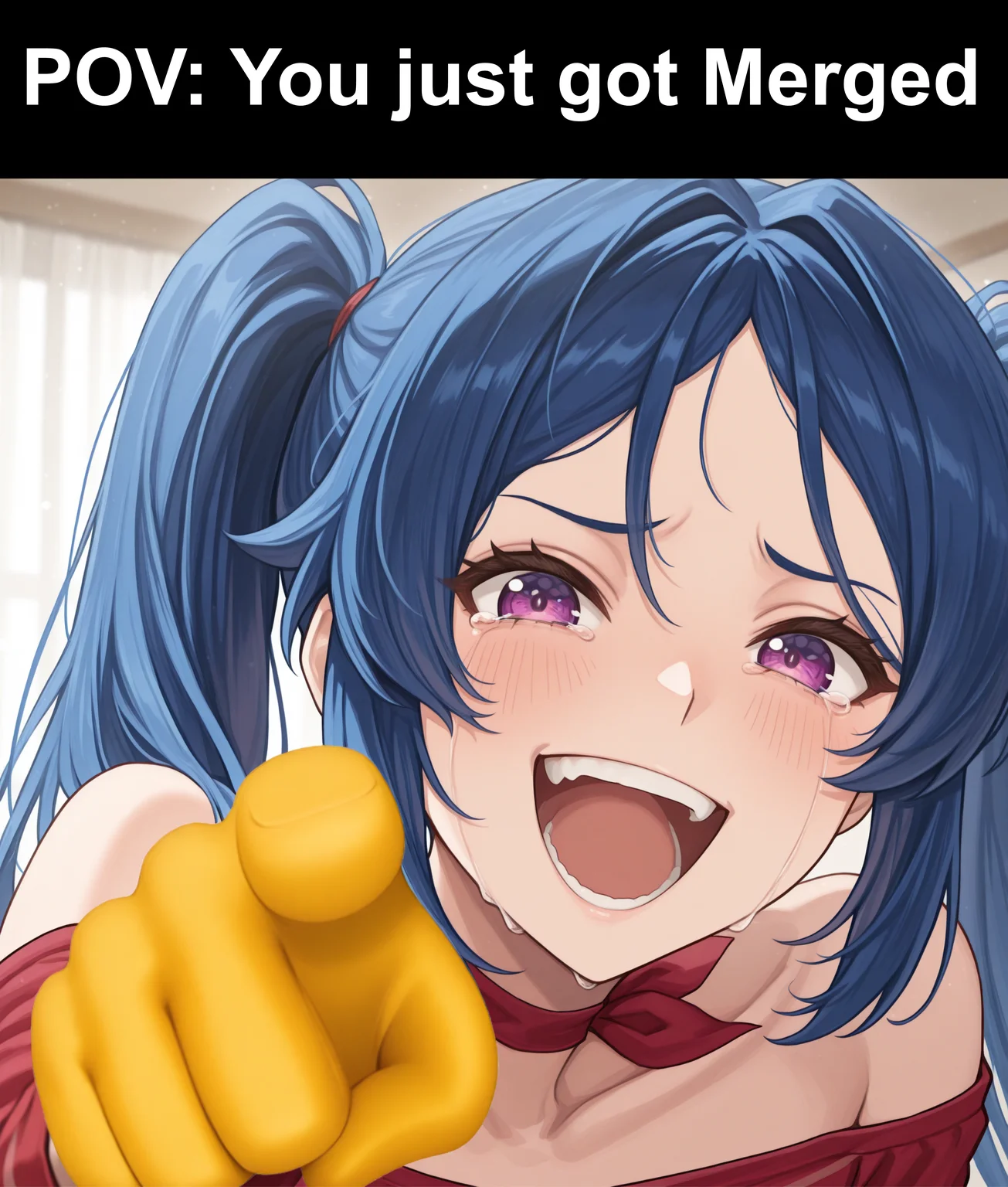 source_anime, masterpiece, best quality, newest, highres, absurdres, masterpiece, best quality, portrait, face focus
 <lora:Laughing at you [IL]:0.8> laughing_at_you, open mouth, pointing at viewer, yellow glove,  laughing, mocking, tears, exaggerated laugh, 
 solo, purple eyes, blue hair, twintails, red cropped shirt,off-shoulder shirt, red ribbon choker <lora:Jay_Marveloroboro_Shaded_ANIME_Style:0.7>, <lora:Mita-Miside-Illustrious-V1:1>,